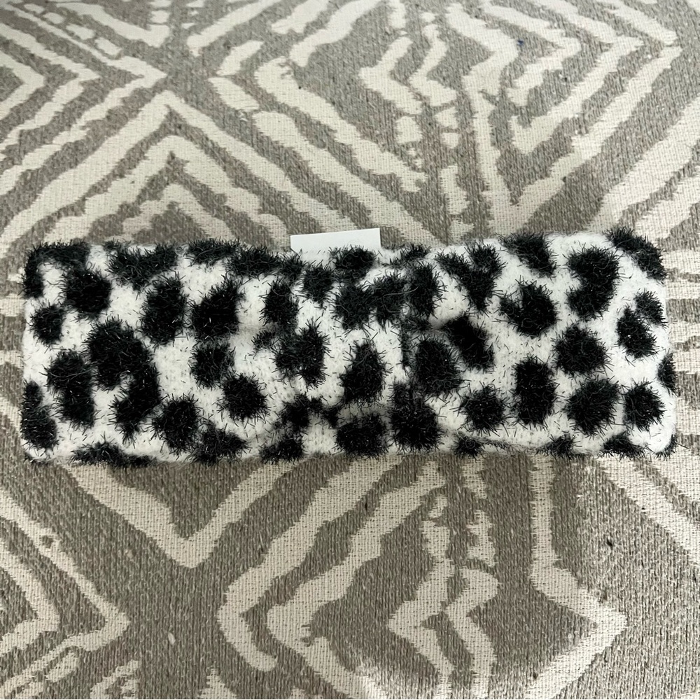 NWT Kate Spade Black Cream Leopard Polka Dot Fuzzy Knotted Cold Weather Headband